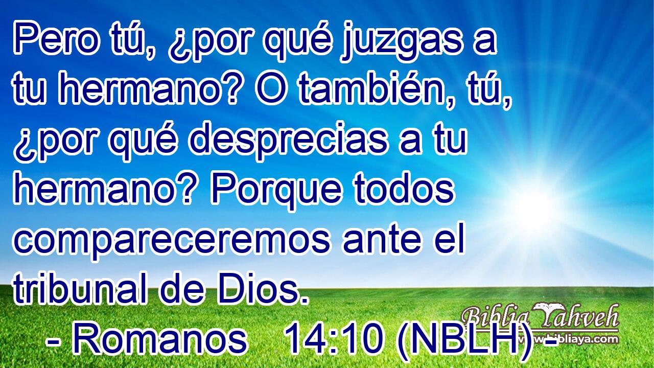  Pero tú, ¿por qué juzgas a tu hermano? O también, tú, ¿por qué desprecias a tu hermano? Porque todos compareceremos ante el tribunal de Dios. 
