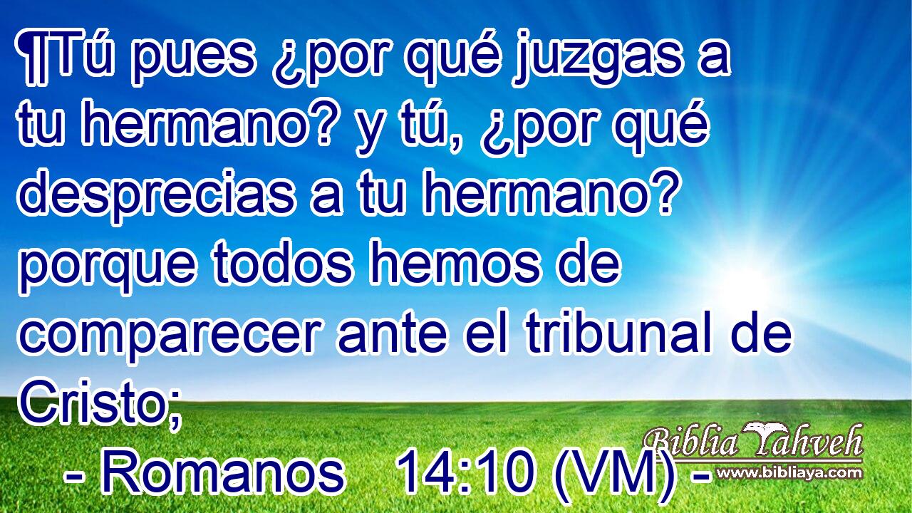  ¶Tú pues ¿por qué juzgas a tu hermano? y tú, ¿por qué desprecias a tu hermano? porque todos hemos de comparecer ante el tribunal de Cristo; 