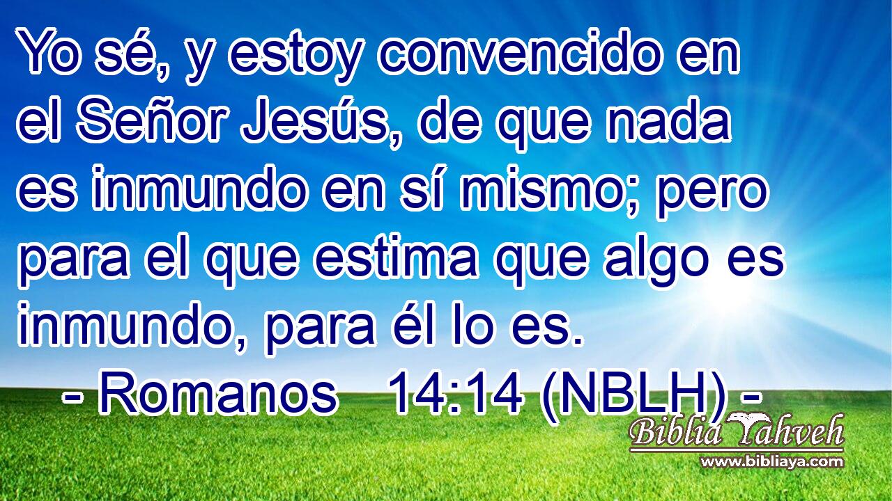  Yo sé, y estoy convencido en el Señor Jesús, de que nada es inmundo en sí mismo; pero para el que estima que algo es inmundo, para él lo es. 