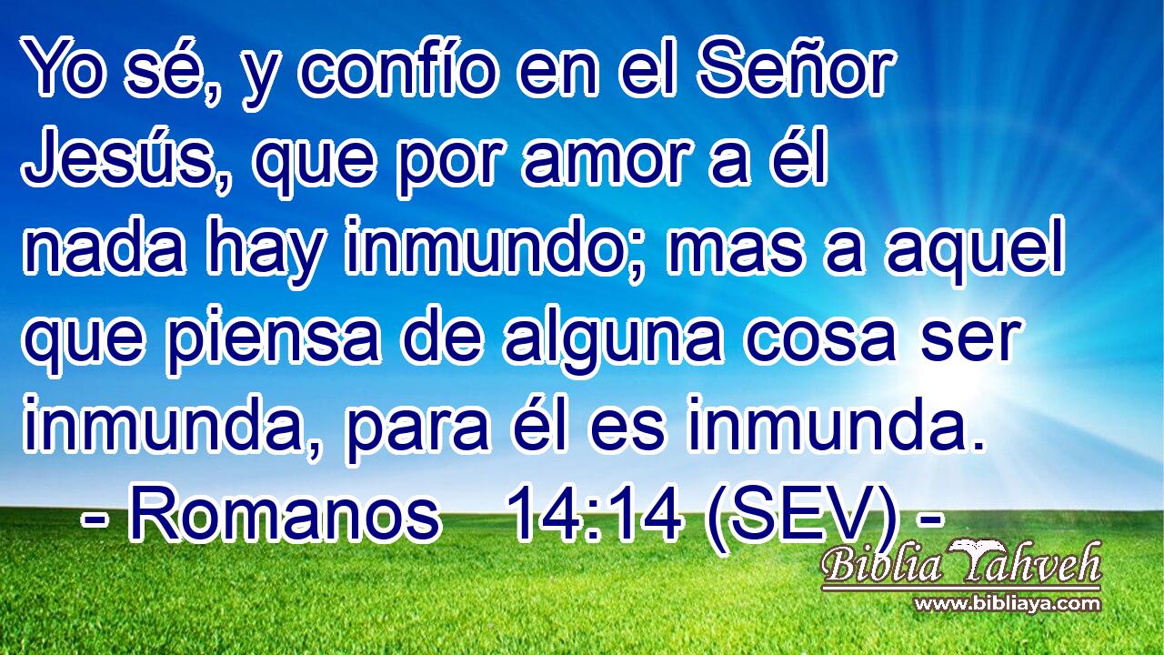 Yo sé, y confío en el Señor Jesús, que por amor a él nada hay inmundo; mas a aquel que piensa de alguna cosa ser inmunda, para él es inmunda.