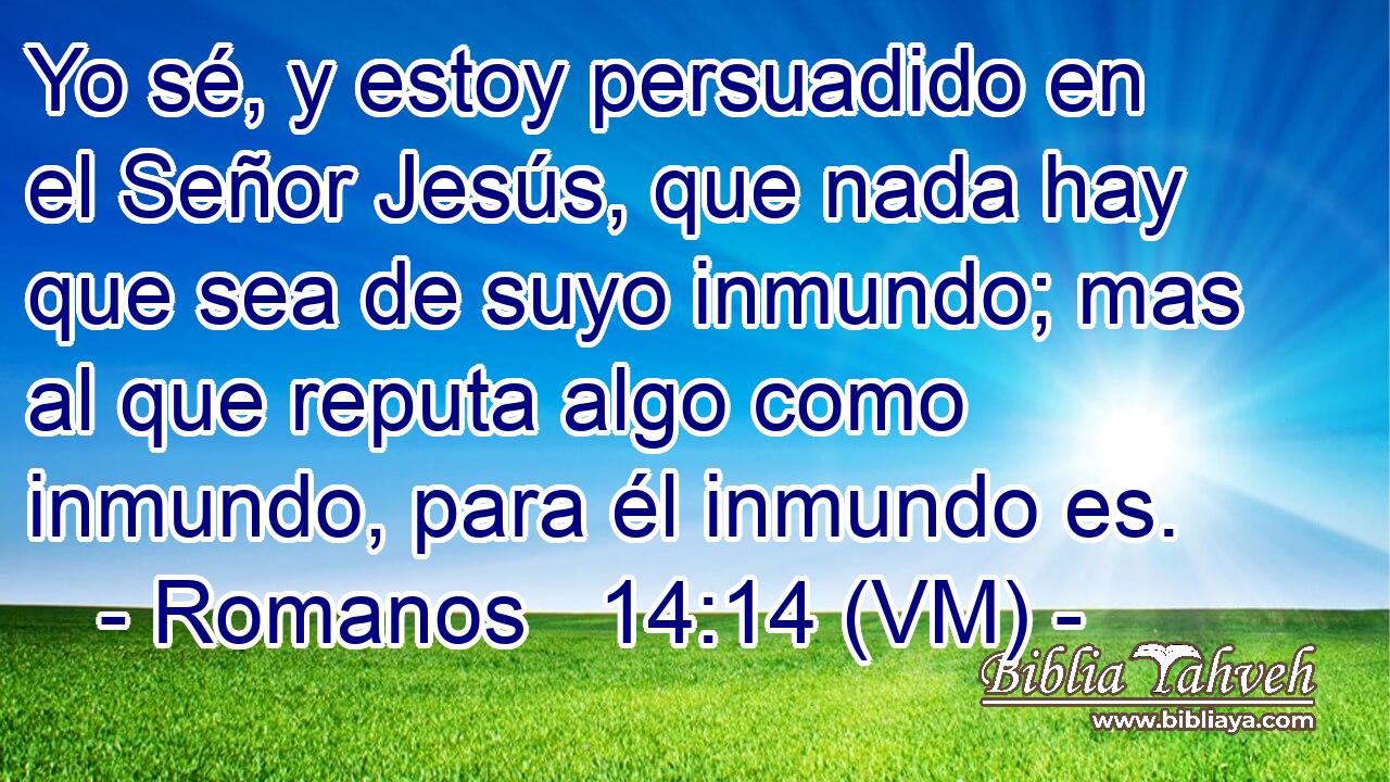  Yo sé, y estoy persuadido en el Señor Jesús, que nada hay que sea de suyo inmundo; mas al que reputa algo como inmundo, para él inmundo es. 