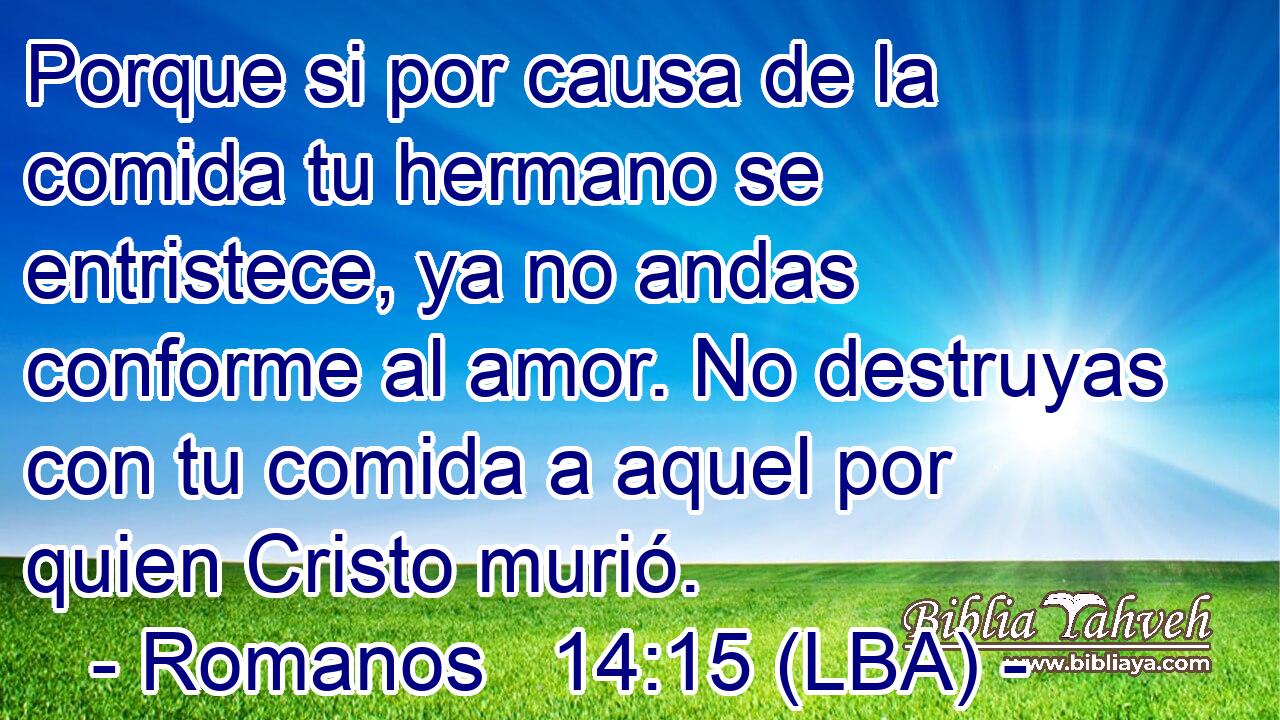 Porque si por causa de la comida tu hermano se entristece, ya no andas conforme al amor. No destruyas con tu comida a aquel por quien Cristo murió.