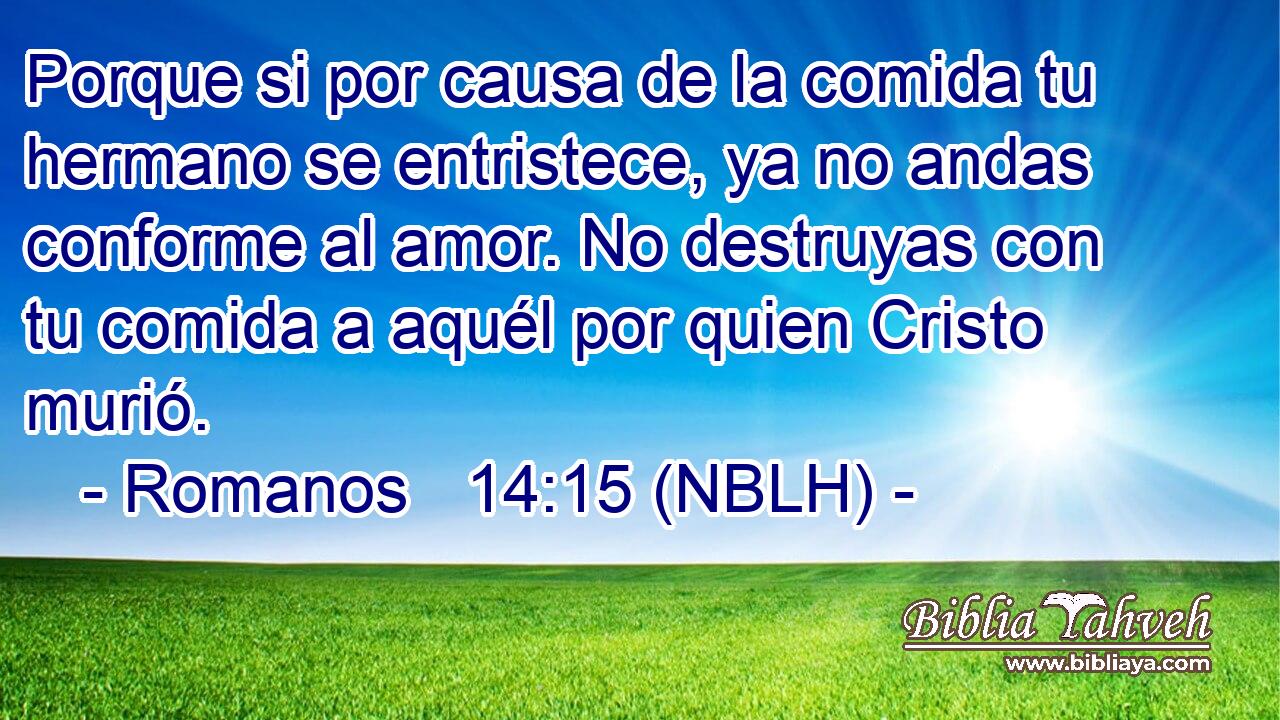  Porque si por causa de la comida tu hermano se entristece, ya no andas conforme al amor. No destruyas con tu comida a aquél por quien Cristo murió. 