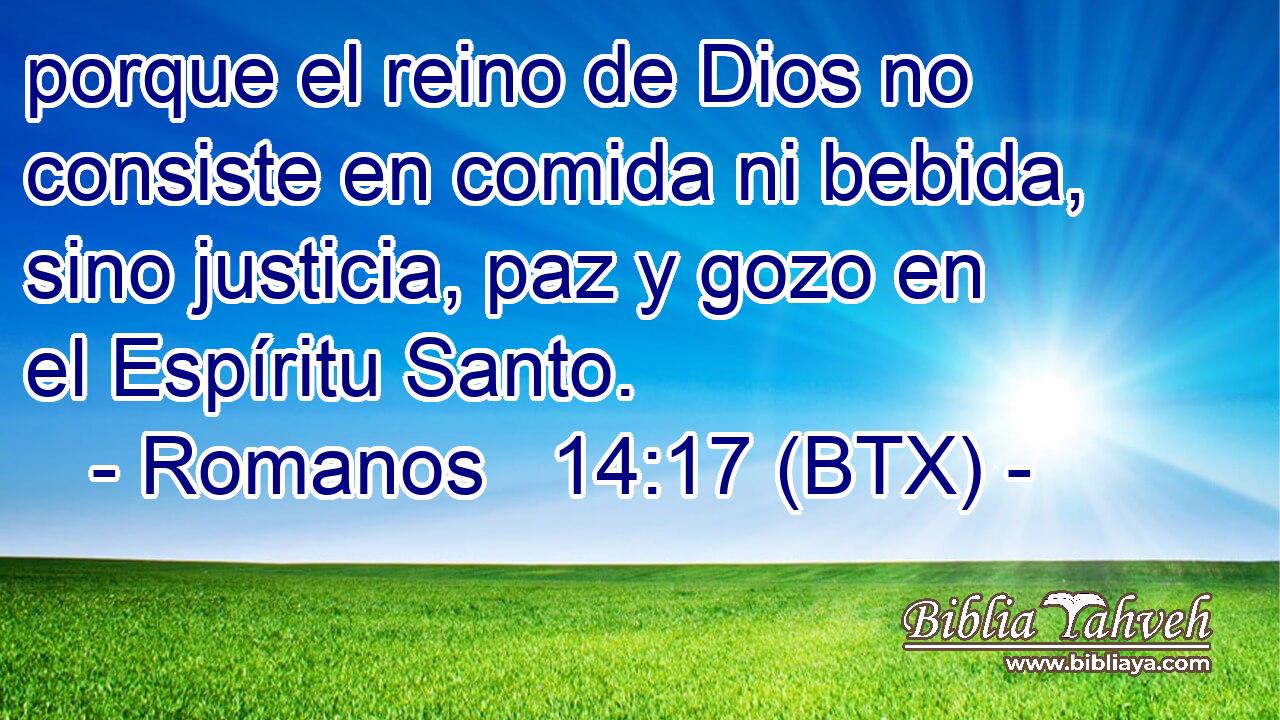 porque el reino de Dios no consiste en comida ni bebida, sino justicia, paz y gozo en el Espíritu Santo.