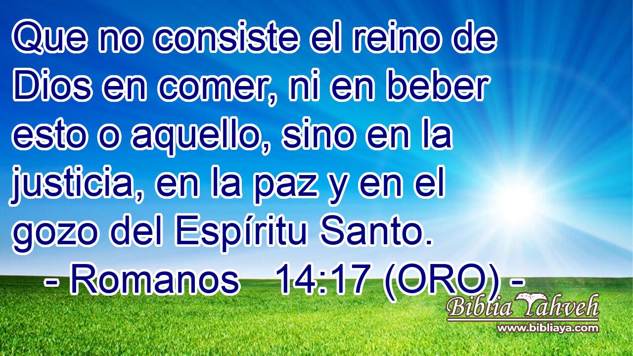  Que no consiste el reino de Dios en comer, ni en beber esto o aquello, sino en la justicia, en la paz y en el gozo del Espíritu Santo. 