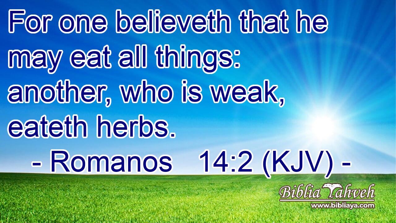 For one believeth that he may eat all things: another, who is weak, eateth herbs.