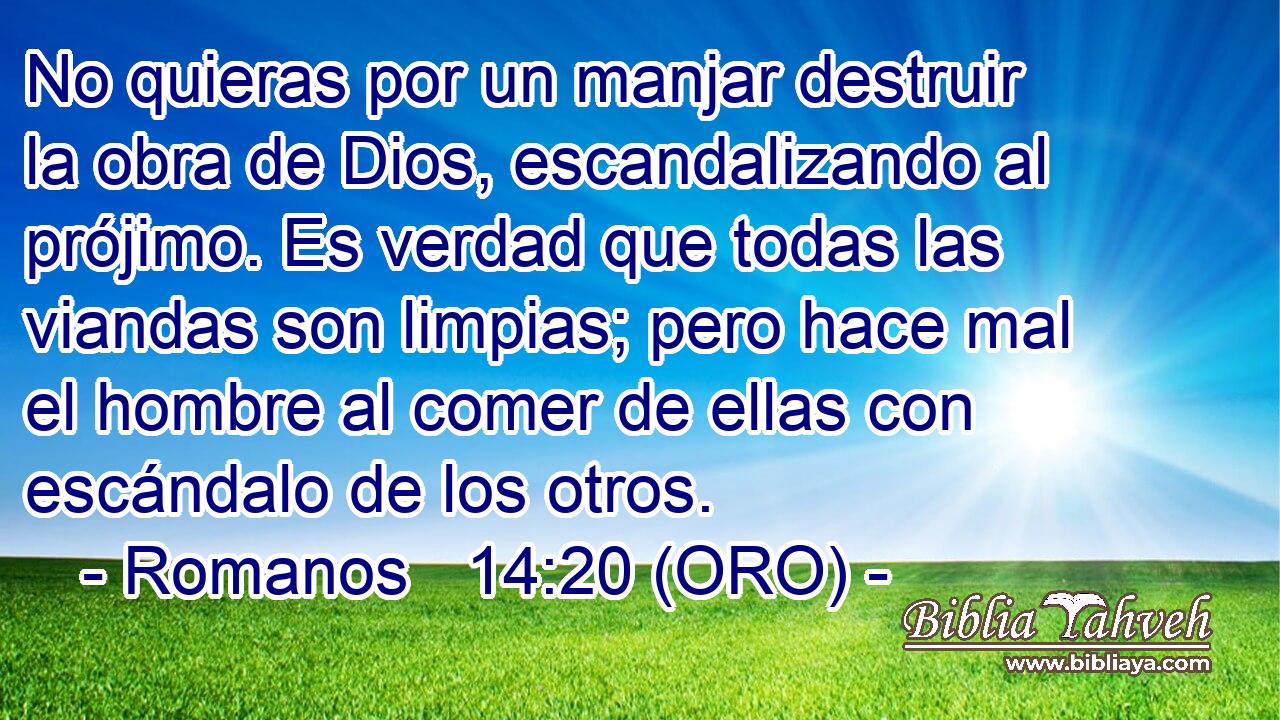  No quieras por un manjar destruir la obra de Dios, escandalizando al prójimo. Es verdad que todas las viandas son limpias; pero hace mal el hombre al comer de ellas con escándalo de los otros. 