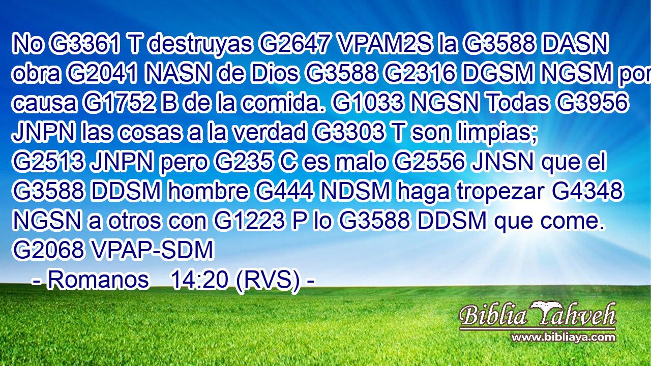 No G3361 T destruyas G2647 VPAM2S la G3588 DASN obra G2041 NASN de Dios G3588 G2316 DGSM NGSM por causa G1752 B de la comida. G1033 NGSN Todas G3956 JNPN las cosas a la verdad G3303 T son limpias; G2513 JNPN pero G235 C es malo G2556 JNSN que el G3588 DDSM hombre G444 NDSM haga tropezar G4348 NGSN a otros con G1223 P lo G3588 DDSM que come. G2068 VPAP-SDM 