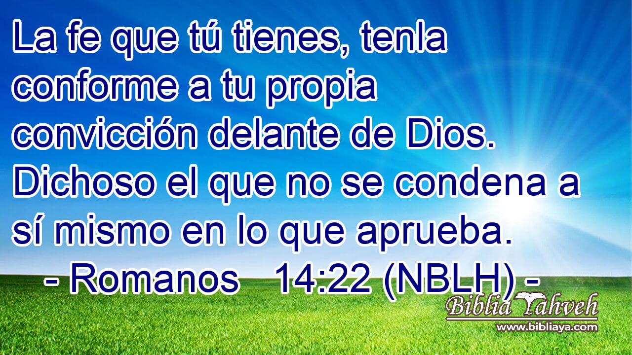  La fe que tú tienes, tenla conforme a tu propia convicción delante de Dios. Dichoso el que no se condena a sí mismo en lo que aprueba. 