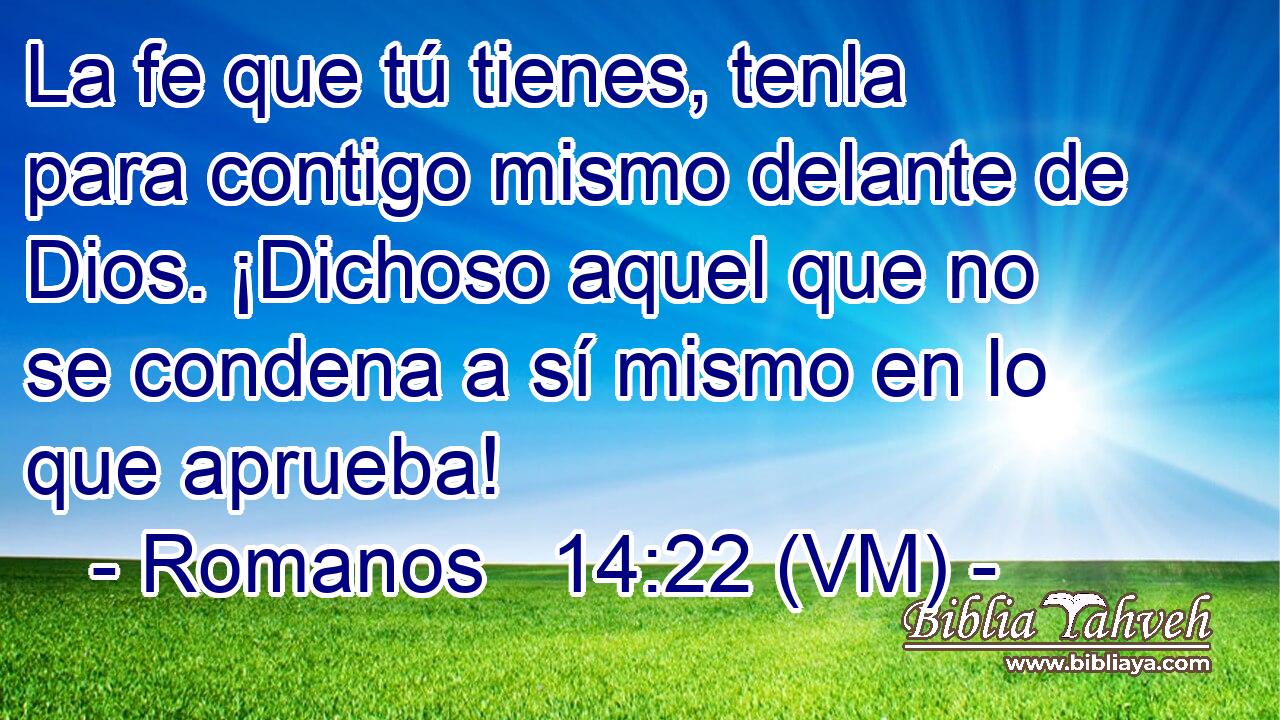  La fe que tú tienes, tenla para contigo mismo delante de Dios. ¡Dichoso aquel que no se condena a sí mismo en lo que aprueba! 