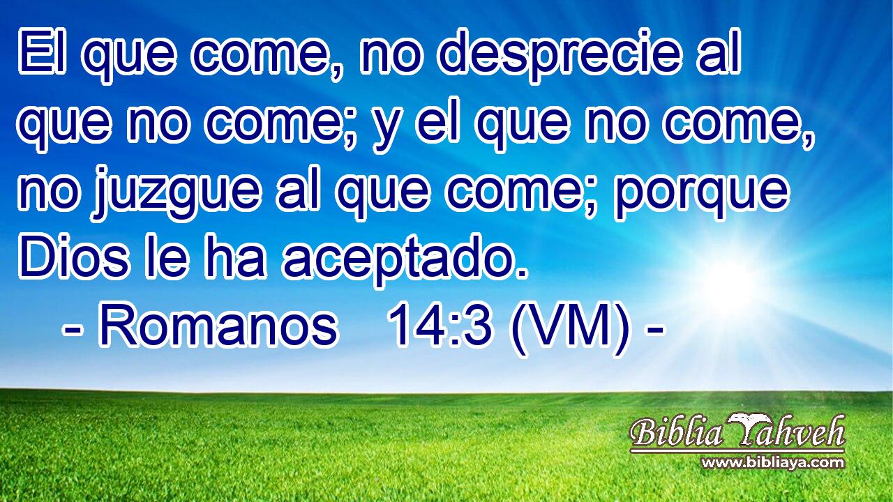  El que come, no desprecie al que no come; y el que no come, no juzgue al que come; porque Dios le ha aceptado. 