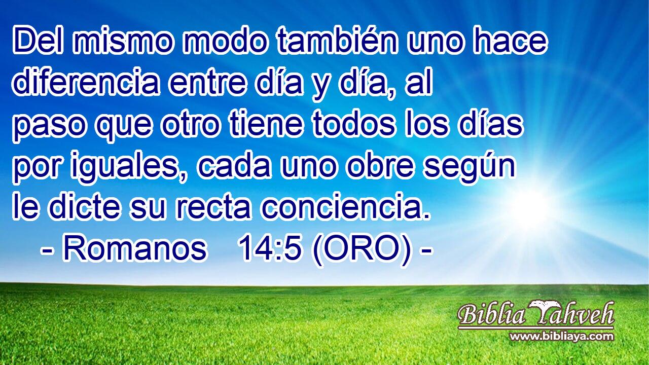  Del mismo modo también uno hace diferencia entre día y día, al paso que otro tiene todos los días por iguales, cada uno obre según le dicte su recta conciencia. 