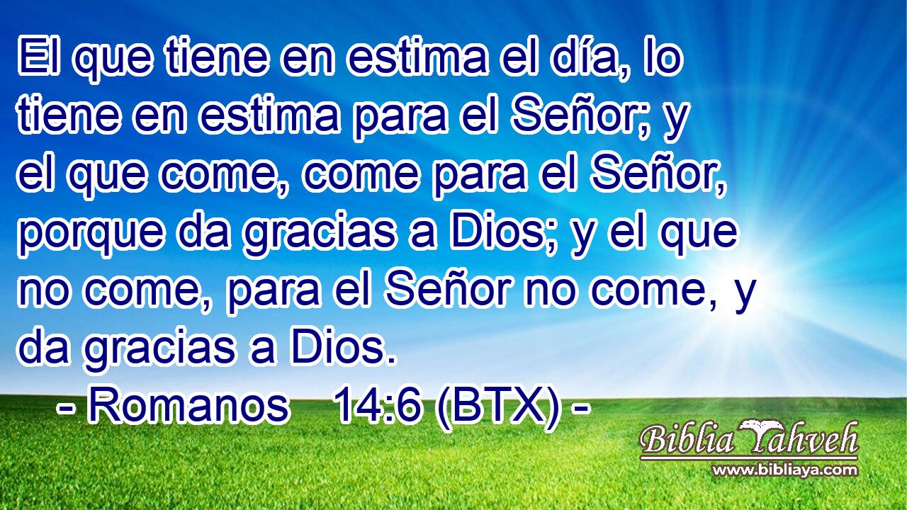 El que tiene en estima el día, lo tiene en estima para el Señor; y el que come, come para el Señor, porque da gracias a Dios; y el que no come, para el Señor no come, y da gracias a Dios.