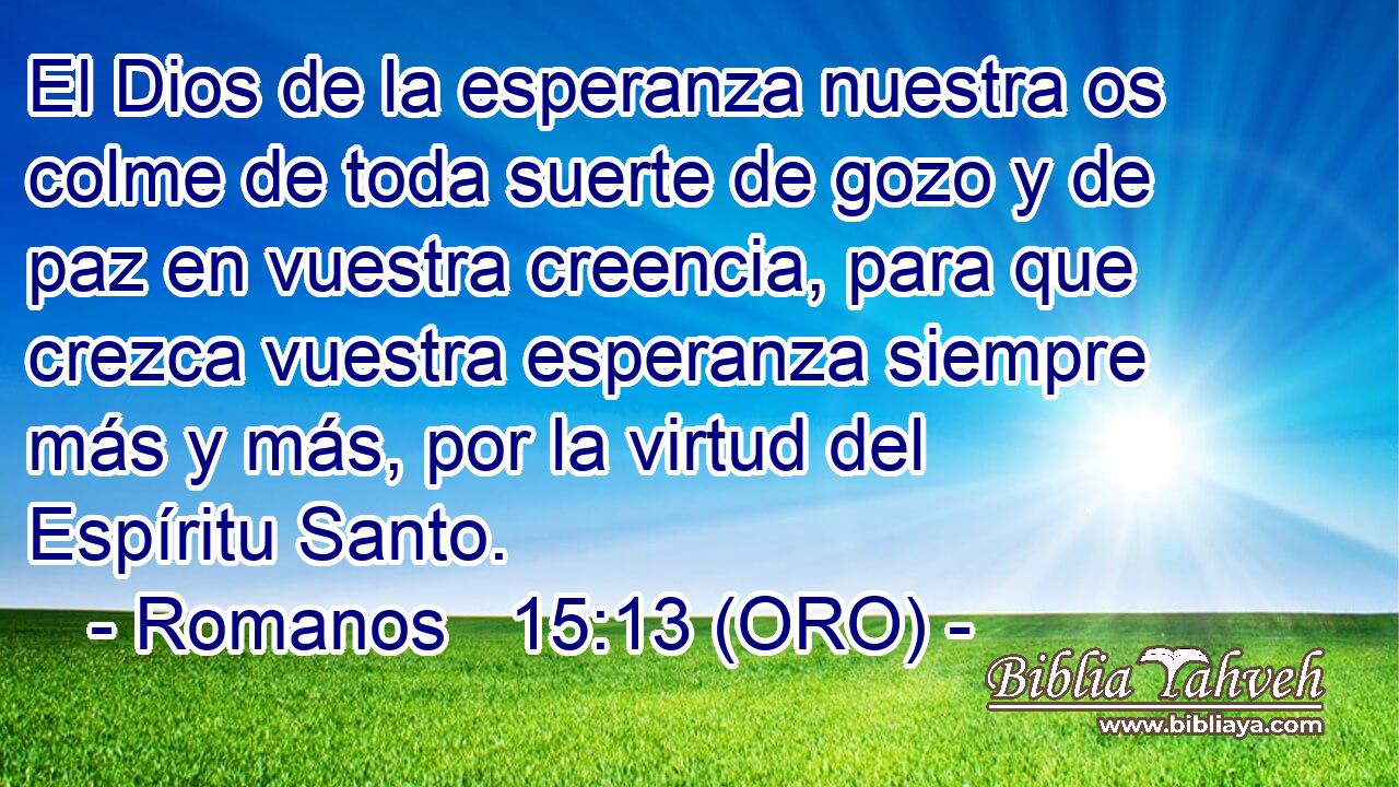  El Dios de la esperanza nuestra os colme de toda suerte de gozo y de paz en vuestra creencia, para que crezca vuestra esperanza siempre más y más, por la virtud del Espíritu Santo. 
