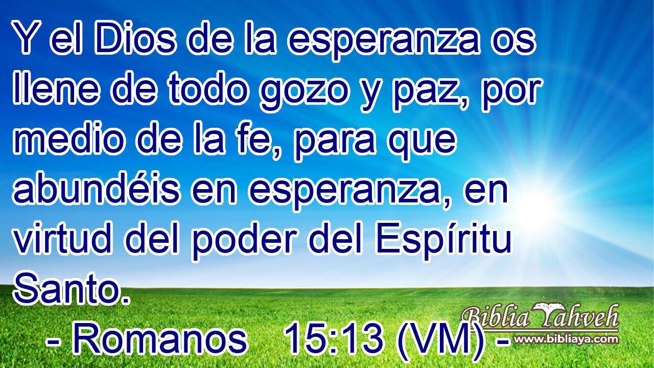  Y el Dios de la esperanza os llene de todo gozo y paz, por medio de la fe, para que abundéis en esperanza, en virtud del poder del Espíritu Santo. 