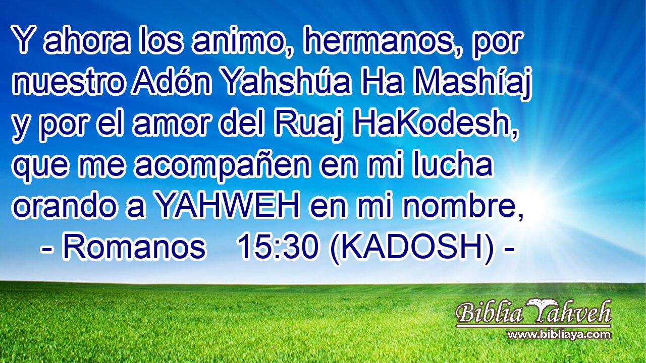  Y ahora los animo, hermanos, por nuestro Adón Yahshúa Ha Mashíaj y por el amor del Ruaj HaKodesh, que me acompañen en mi lucha orando a YAHWEH en mi nombre, 