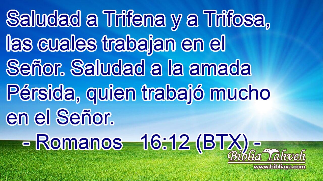 Saludad a Trifena y a Trifosa, las cuales trabajan en el Señor. Saludad a la amada Pérsida, quien trabajó mucho en el Señor.