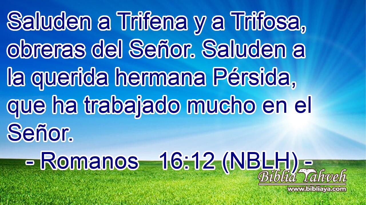  Saluden a Trifena y a Trifosa, obreras del Señor. Saluden a la querida hermana Pérsida, que ha trabajado mucho en el Señor. 