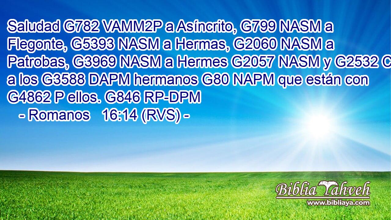 Saludad G782 VAMM2P a Asíncrito, G799 NASM a Flegonte, G5393 NASM a Hermas, G2060 NASM a Patrobas, G3969 NASM a Hermes G2057 NASM y G2532 C a los G3588 DAPM hermanos G80 NAPM que están con G4862 P ellos. G846 RP-DPM 
