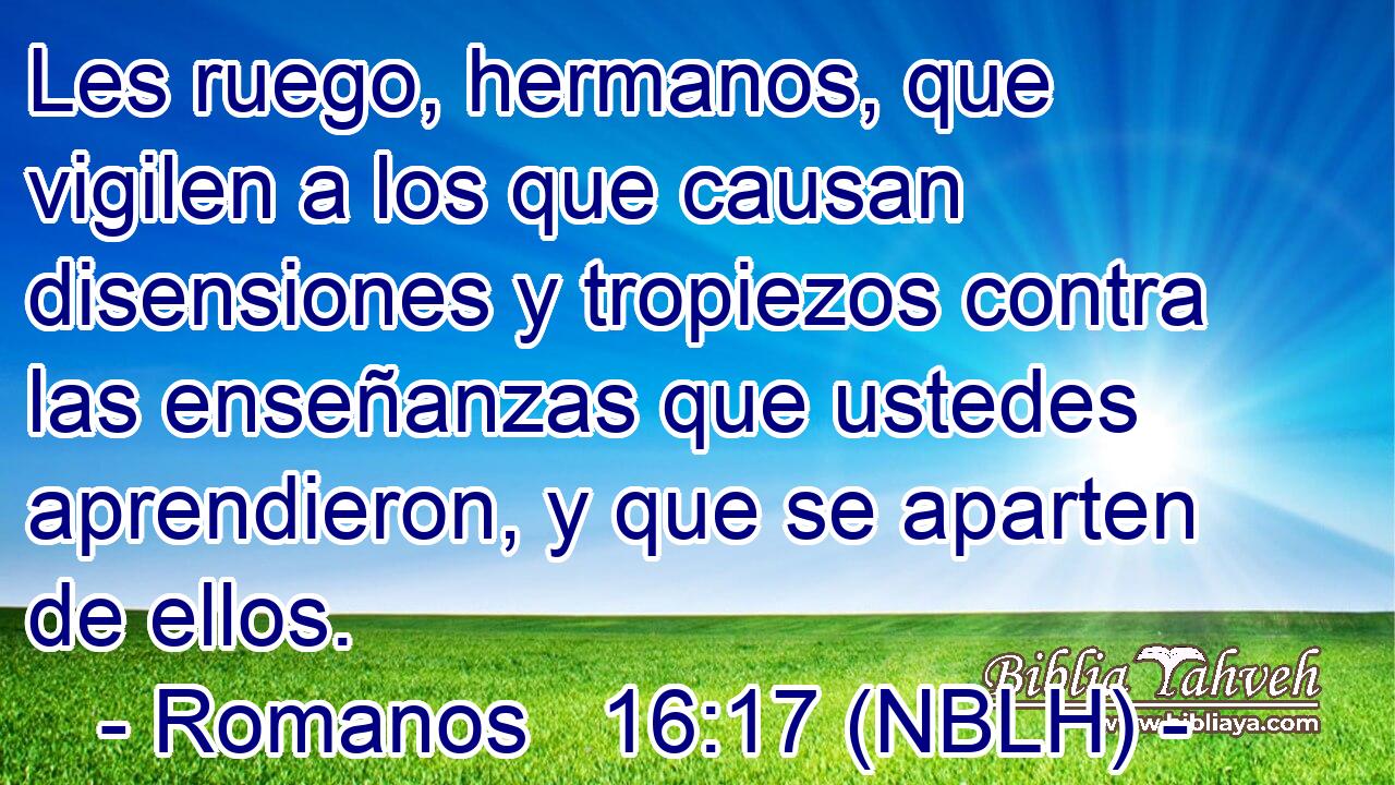  Les ruego, hermanos, que vigilen a los que causan disensiones y tropiezos contra las enseñanzas que ustedes aprendieron, y que se aparten de ellos. 
