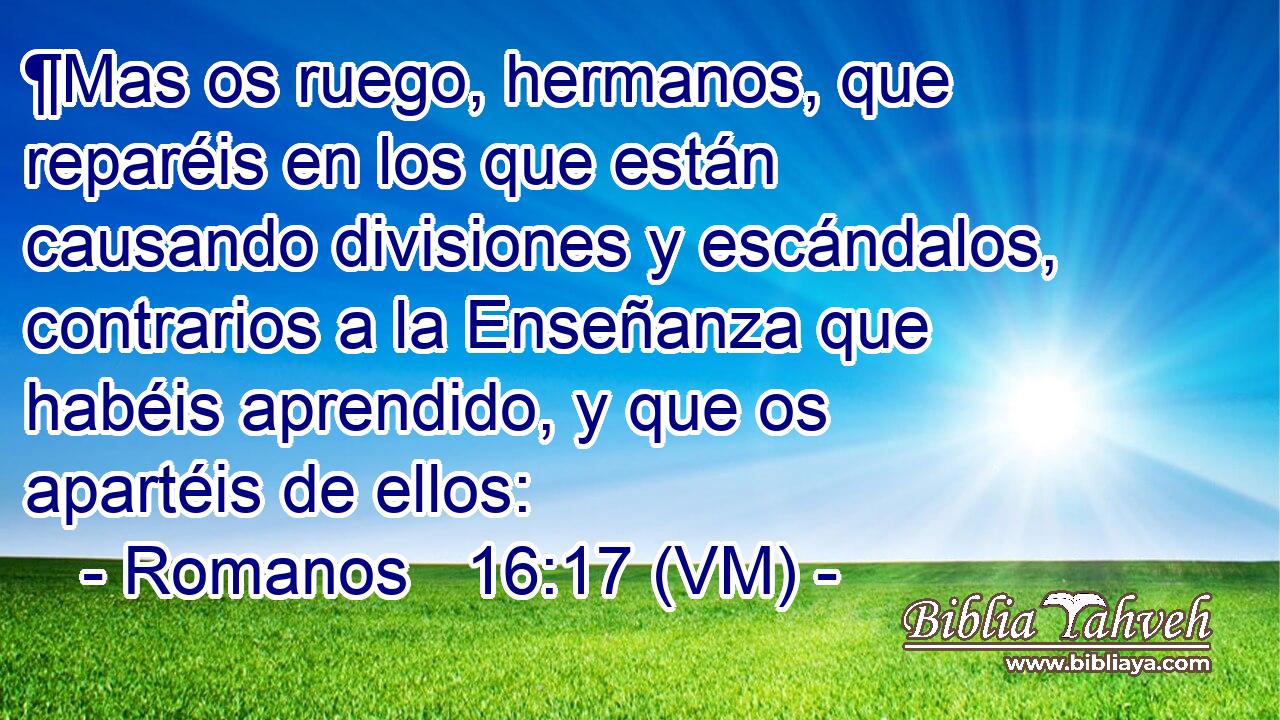 ¶Mas os ruego, hermanos, que reparéis en los que están causando divisiones y escándalos, contrarios a la Enseñanza que habéis aprendido, y que os apartéis de ellos: 