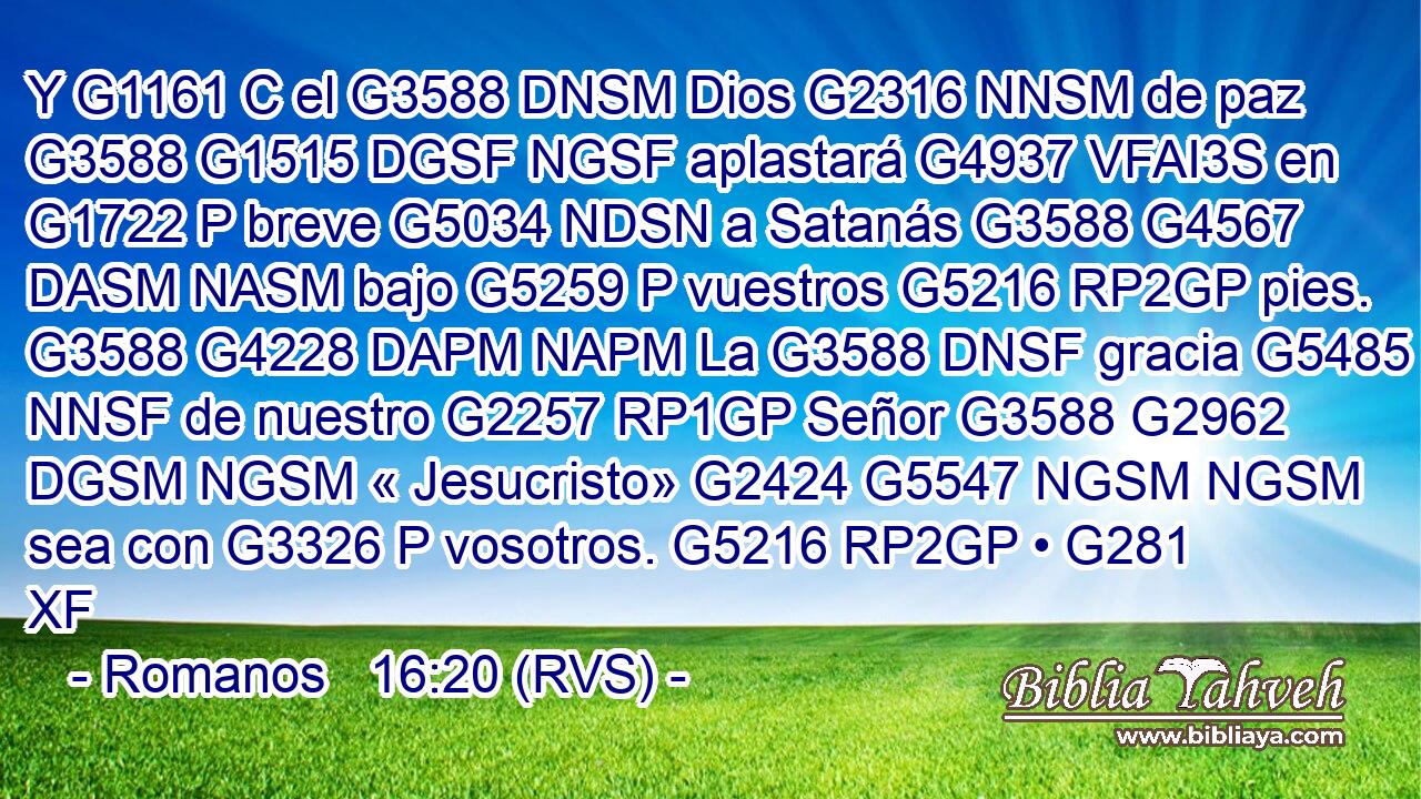 Y G1161 C el G3588 DNSM Dios G2316 NNSM de paz G3588 G1515 DGSF NGSF aplastará G4937 VFAI3S en G1722 P breve G5034 NDSN a Satanás G3588 G4567 DASM NASM bajo G5259 P vuestros G5216 RP2GP pies. G3588 G4228 DAPM NAPM La G3588 DNSF gracia G5485 NNSF de nuestro G2257 RP1GP Señor G3588 G2962 DGSM NGSM « Jesucristo» G2424 G5547 NGSM NGSM sea con G3326 P vosotros. G5216 RP2GP • G281 XF 