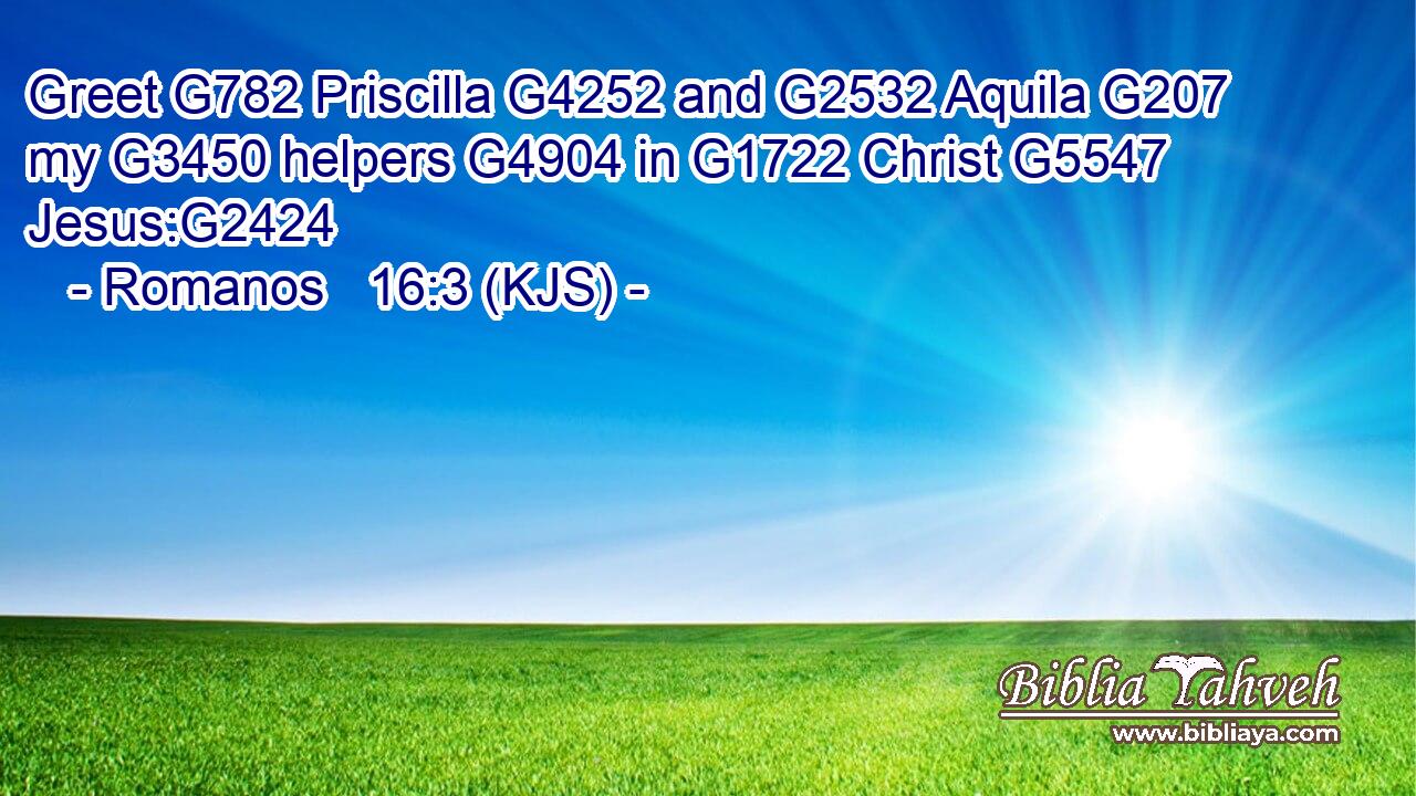 Greet G782 Priscilla G4252 and G2532 Aquila G207 my G3450 helpers G4904 in G1722 Christ G5547 Jesus:G2424