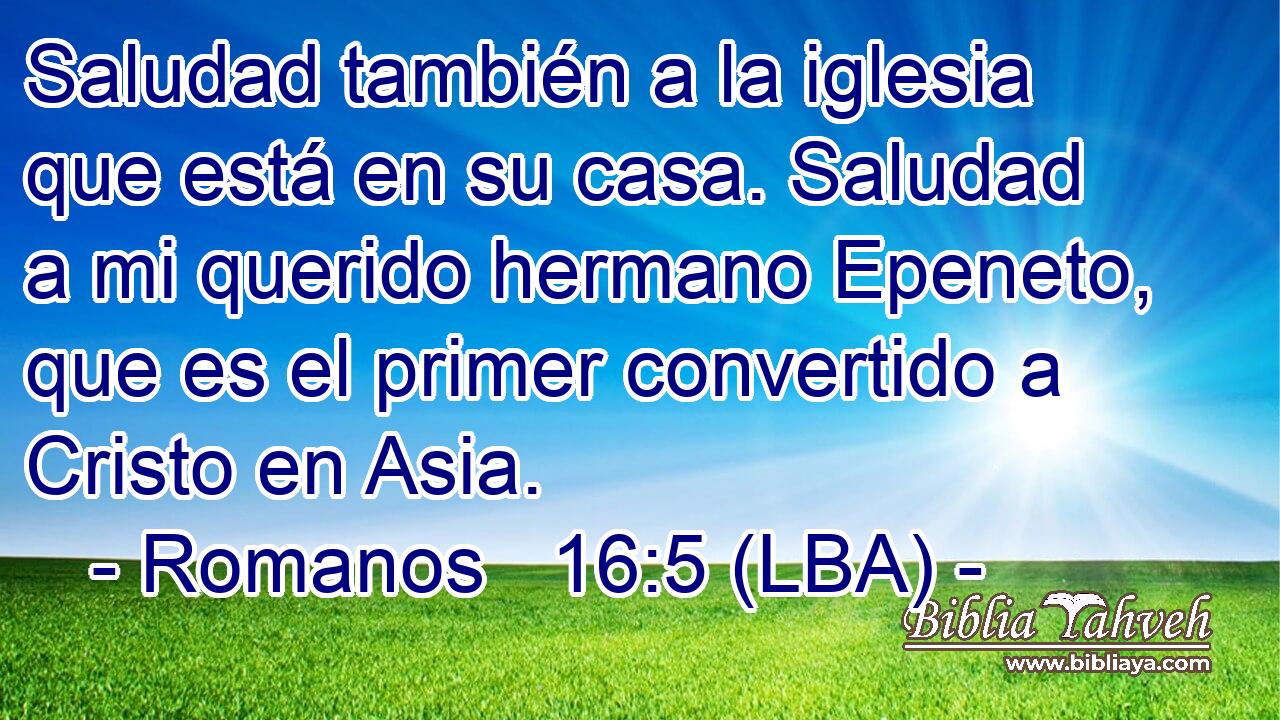 Saludad también a la iglesia que está en su casa. Saludad a mi querido hermano Epeneto, que es el primer convertido a Cristo en Asia.