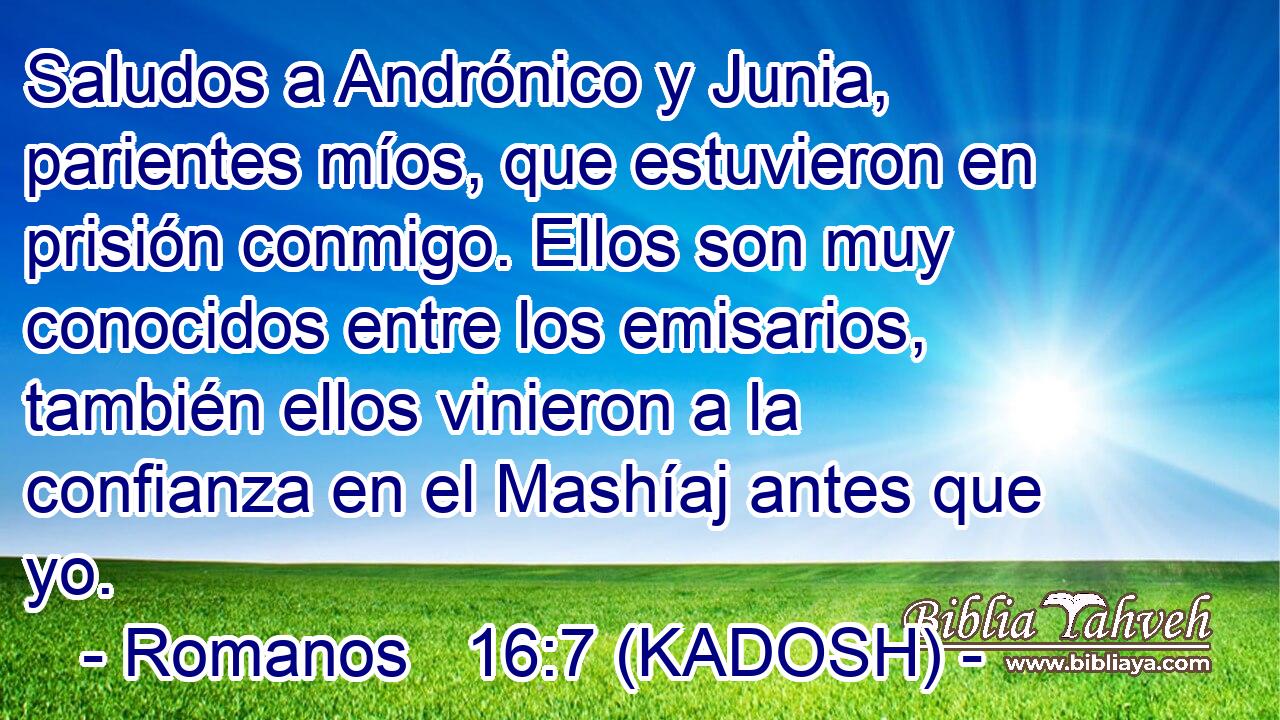  Saludos a Andrónico y Junia, parientes míos, que estuvieron en prisión conmigo. Ellos son muy conocidos entre los emisarios, también ellos vinieron a la confianza en el Mashíaj antes que yo. 