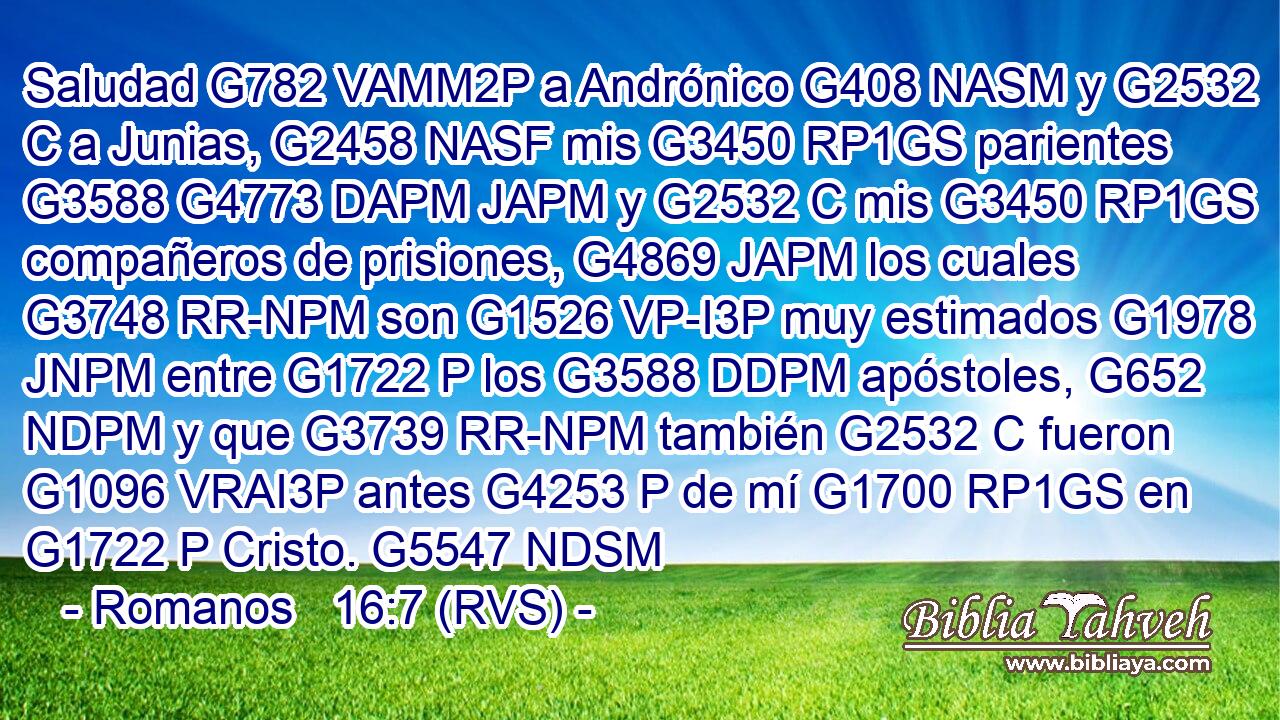Saludad G782 VAMM2P a Andrónico G408 NASM y G2532 C a Junias, G2458 NASF mis G3450 RP1GS parientes G3588 G4773 DAPM JAPM y G2532 C mis G3450 RP1GS compañeros de prisiones, G4869 JAPM los cuales G3748 RR-NPM son G1526 VP-I3P muy estimados G1978 JNPM entre G1722 P los G3588 DDPM apóstoles, G652 NDPM y que G3739 RR-NPM también G2532 C fueron G1096 VRAI3P antes G4253 P de mí G1700 RP1GS en G1722 P Cristo. G5547 NDSM 