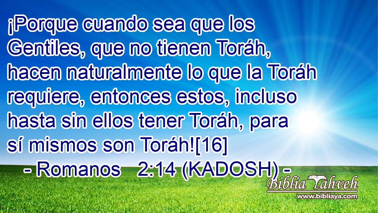  ¡Porque cuando sea que los Gentiles, que no tienen Toráh, hacen naturalmente lo que la Toráh requiere, entonces estos, incluso hasta sin ellos tener Toráh, para sí mismos son Toráh![16] 
