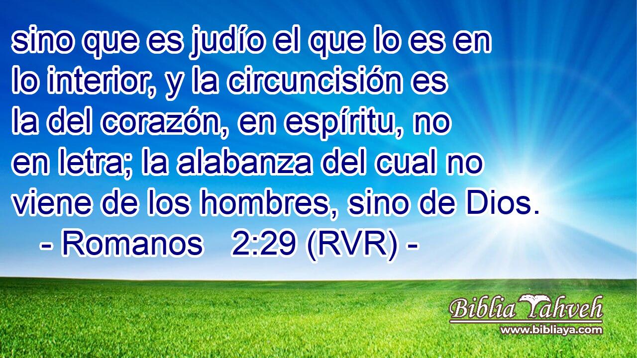 sino que es judío el que lo es en lo interior, y la circuncisión es la del corazón, en espíritu, no en letra; la alabanza del cual no viene de los hombres, sino de Dios.