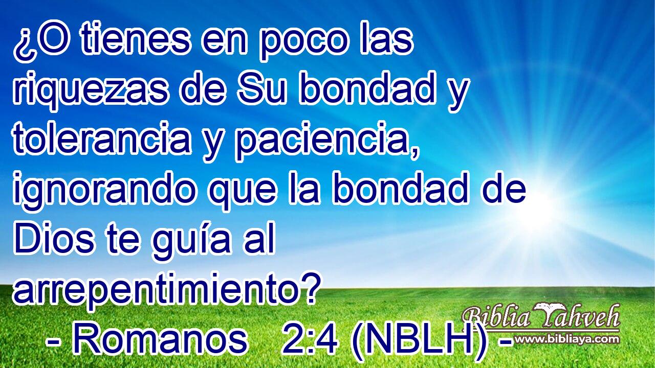  ¿O tienes en poco las riquezas de Su bondad y tolerancia y paciencia, ignorando que la bondad de Dios te guía al arrepentimiento? 
