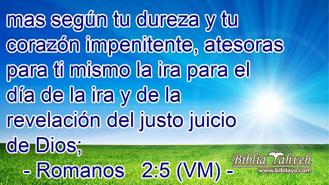  mas según tu dureza y tu corazón impenitente, atesoras para ti mismo la ira para el día de la ira y de la revelación del justo juicio de Dios; 