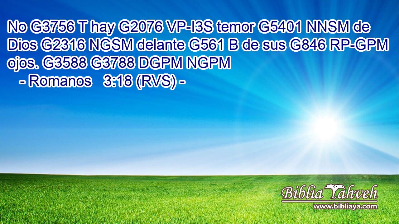 No G3756 T hay G2076 VP-I3S temor G5401 NNSM de Dios G2316 NGSM delante G561 B de sus G846 RP-GPM ojos. G3588 G3788 DGPM NGPM 