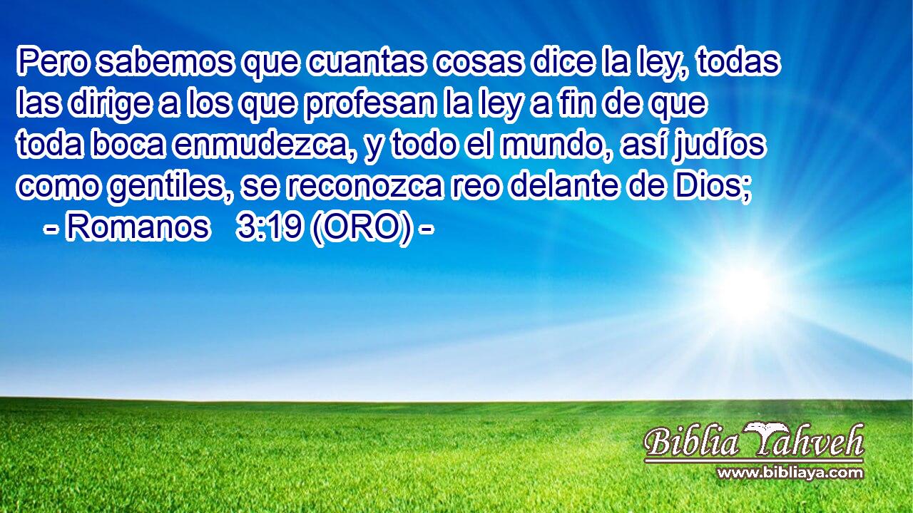  Pero sabemos que cuantas cosas dice la ley, todas las dirige a los que profesan la ley a fin de que toda boca enmudezca, y todo el mundo, así judíos como gentiles, se reconozca reo delante de Dios; 