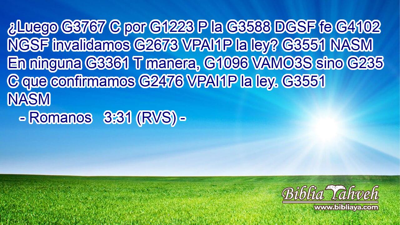 ¿Luego G3767 C por G1223 P la G3588 DGSF fe G4102 NGSF invalidamos G2673 VPAI1P la ley? G3551 NASM En ninguna G3361 T manera, G1096 VAMO3S sino G235 C que confirmamos G2476 VPAI1P la ley. G3551 NASM 