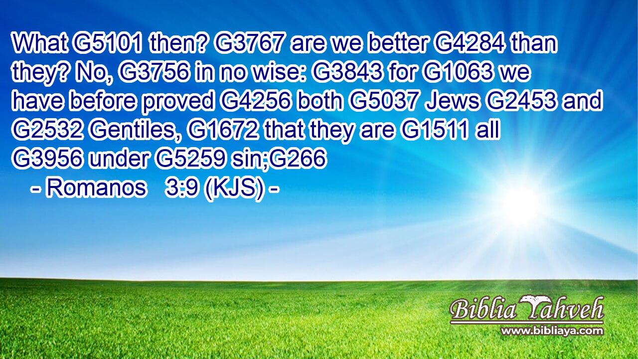 What G5101 then? G3767 are we better G4284 than they? No, G3756 in no wise: G3843 for G1063 we have before proved G4256 both G5037 Jews G2453 and G2532 Gentiles, G1672 that they are G1511 all G3956 under G5259 sin;G266