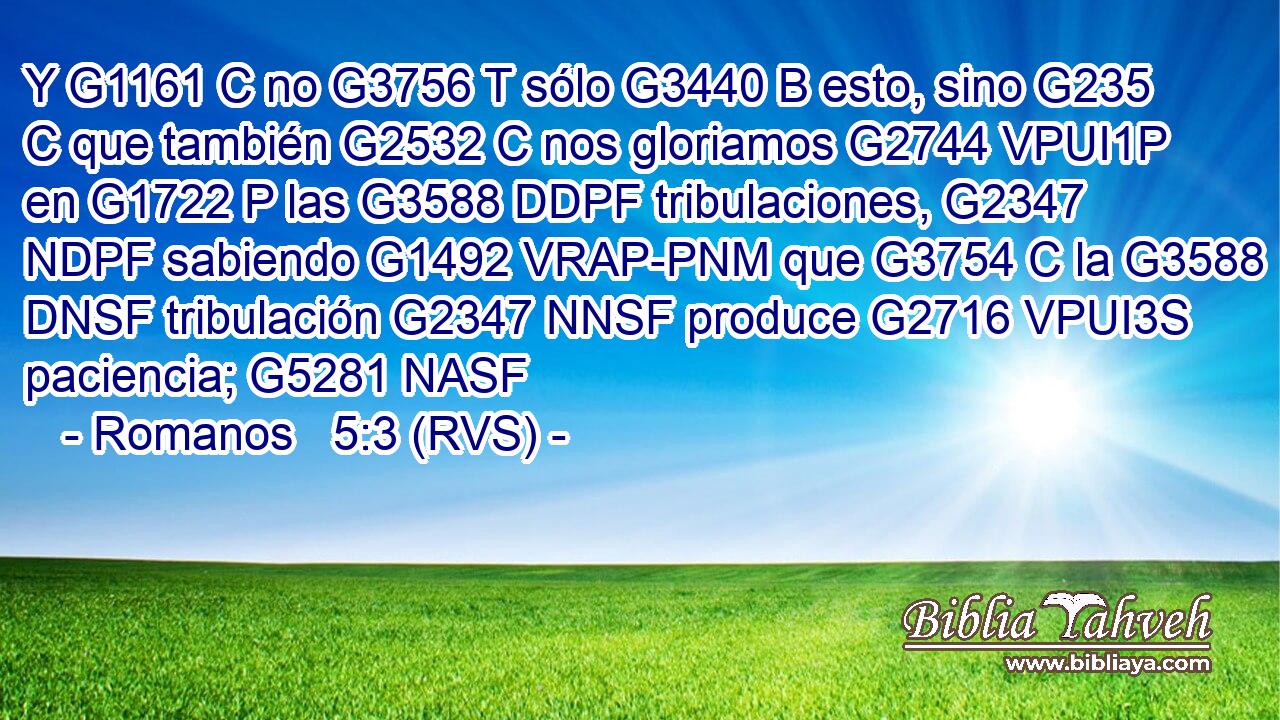 Y G1161 C no G3756 T sólo G3440 B esto, sino G235 C que también G2532 C nos gloriamos G2744 VPUI1P en G1722 P las G3588 DDPF tribulaciones, G2347 NDPF sabiendo G1492 VRAP-PNM que G3754 C la G3588 DNSF tribulación G2347 NNSF produce G2716 VPUI3S paciencia; G5281 NASF 