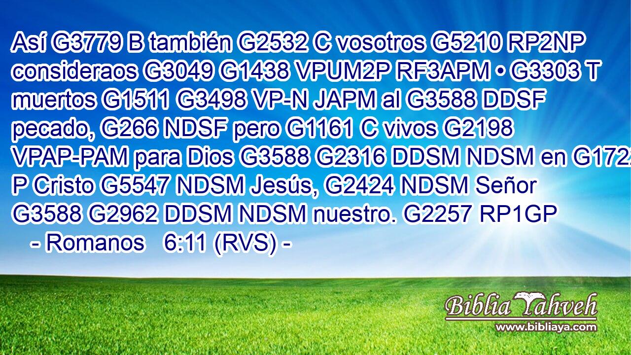 Así G3779 B también G2532 C vosotros G5210 RP2NP consideraos G3049 G1438 VPUM2P RF3APM • G3303 T muertos G1511 G3498 VP-N JAPM al G3588 DDSF pecado, G266 NDSF pero G1161 C vivos G2198 VPAP-PAM para Dios G3588 G2316 DDSM NDSM en G1722 P Cristo G5547 NDSM Jesús, G2424 NDSM Señor G3588 G2962 DDSM NDSM nuestro. G2257 RP1GP 