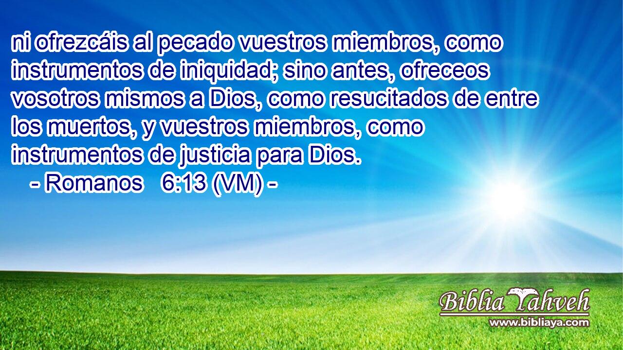  ni ofrezcáis al pecado vuestros miembros, como instrumentos de iniquidad; sino antes, ofreceos vosotros mismos a Dios, como resucitados de entre los muertos, y vuestros miembros, como instrumentos de justicia para Dios. 