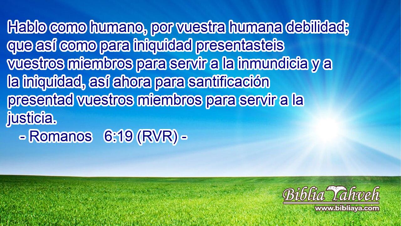Hablo como humano, por vuestra humana debilidad; que así como para iniquidad presentasteis vuestros miembros para servir a la inmundicia y a la iniquidad, así ahora para santificación presentad vuestros miembros para servir a la justicia.
