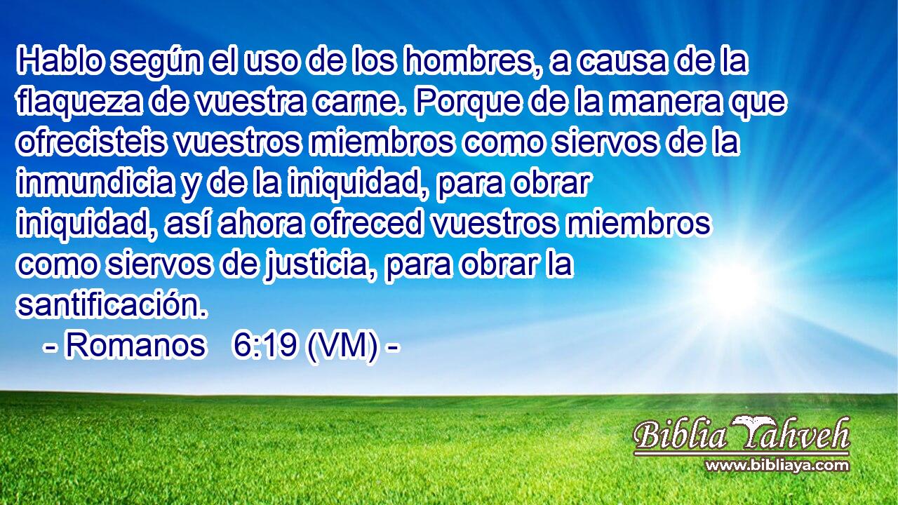 Hablo según el uso de los hombres, a causa de la flaqueza de vuestra carne. Porque de la manera que ofrecisteis vuestros miembros como siervos de la inmundicia y de la iniquidad, para obrar iniquidad, así ahora ofreced vuestros miembros como siervos de justicia, para obrar la santificación. 