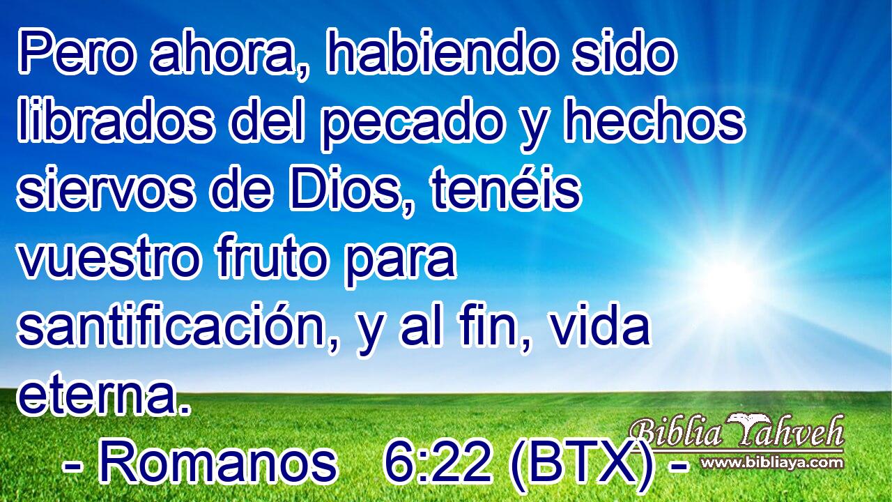 Pero ahora, habiendo sido librados del pecado y hechos siervos de Dios, tenéis vuestro fruto para santificación, y al fin, vida eterna.
