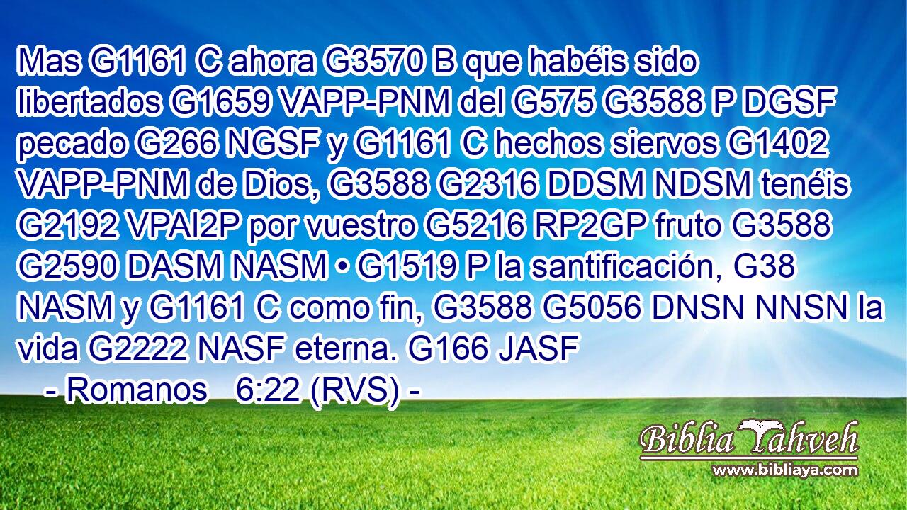 Mas G1161 C ahora G3570 B que habéis sido libertados G1659 VAPP-PNM del G575 G3588 P DGSF pecado G266 NGSF y G1161 C hechos siervos G1402 VAPP-PNM de Dios, G3588 G2316 DDSM NDSM tenéis G2192 VPAI2P por vuestro G5216 RP2GP fruto G3588 G2590 DASM NASM • G1519 P la santificación, G38 NASM y G1161 C como fin, G3588 G5056 DNSN NNSN la vida G2222 NASF eterna. G166 JASF 