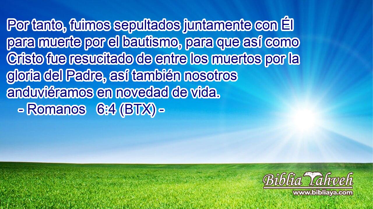Por tanto, fuimos sepultados juntamente con Él para muerte por el bautismo, para que así como Cristo fue resucitado de entre los muertos por la gloria del Padre, así también nosotros anduviéramos en novedad de vida.