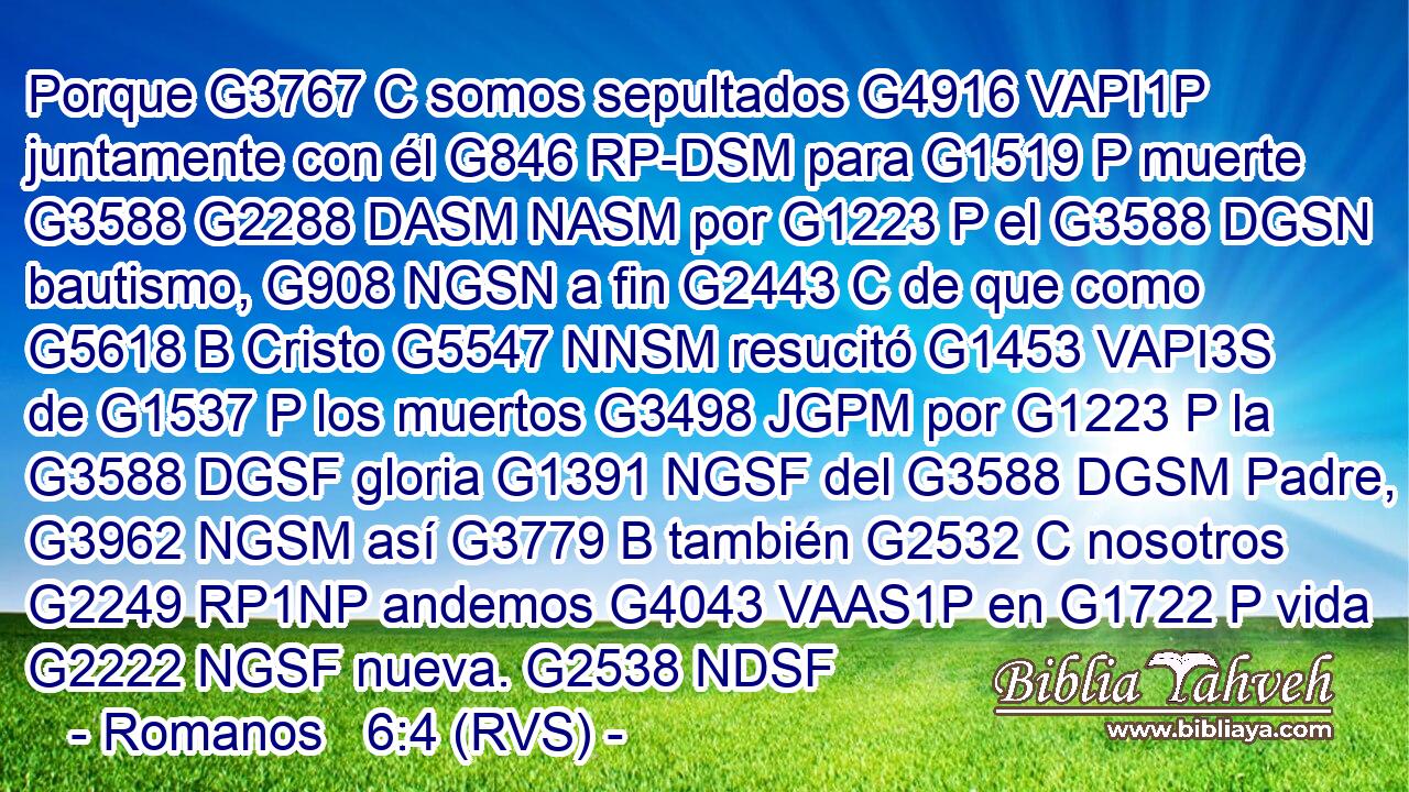 Porque G3767 C somos sepultados G4916 VAPI1P juntamente con él G846 RP-DSM para G1519 P muerte G3588 G2288 DASM NASM por G1223 P el G3588 DGSN bautismo, G908 NGSN a fin G2443 C de que como G5618 B Cristo G5547 NNSM resucitó G1453 VAPI3S de G1537 P los muertos G3498 JGPM por G1223 P la G3588 DGSF gloria G1391 NGSF del G3588 DGSM Padre, G3962 NGSM así G3779 B también G2532 C nosotros G2249 RP1NP andemos G4043 VAAS1P en G1722 P vida G2222 NGSF nueva. G2538 NDSF 