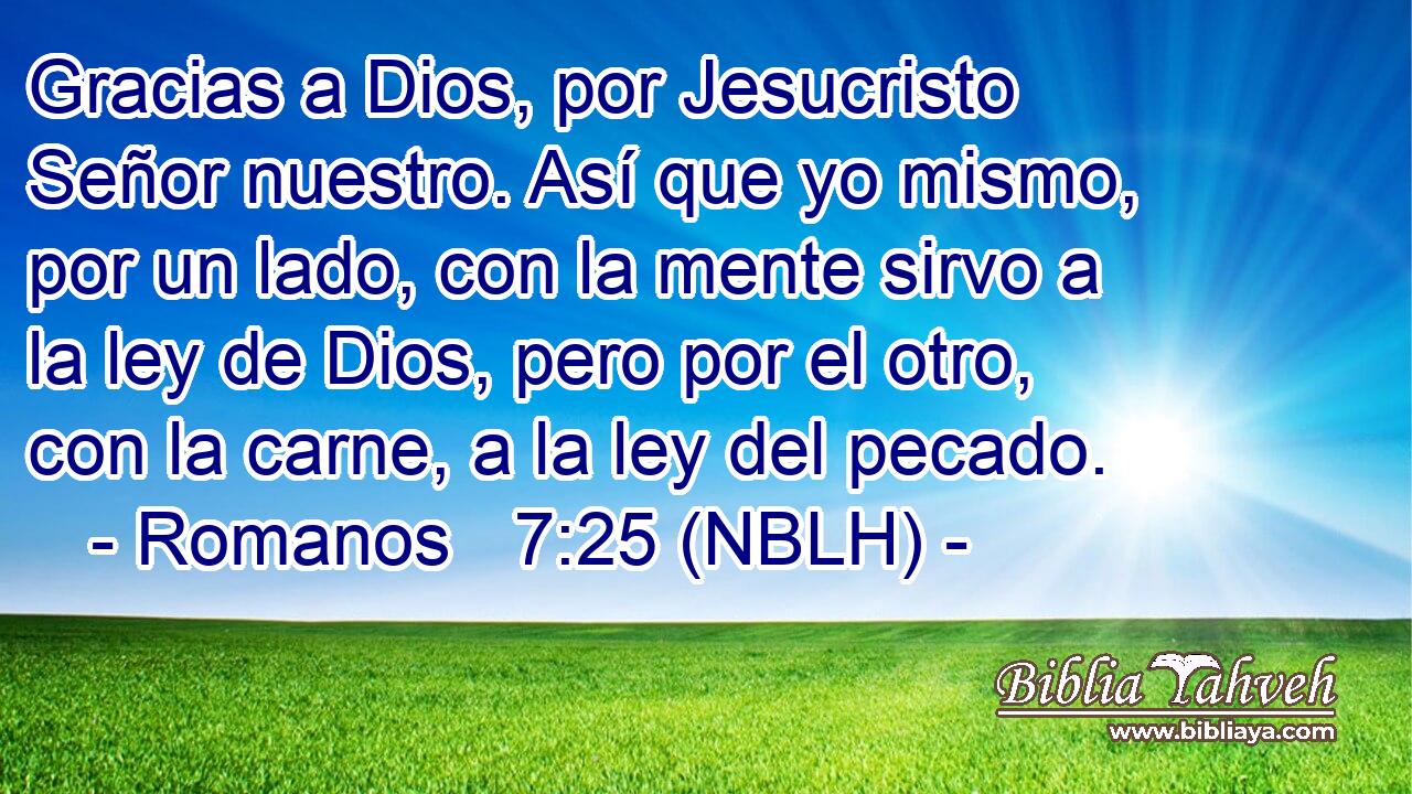  Gracias a Dios, por Jesucristo Señor nuestro. Así que yo mismo, por un lado, con la mente sirvo a la ley de Dios, pero por el otro, con la carne, a la ley del pecado. 