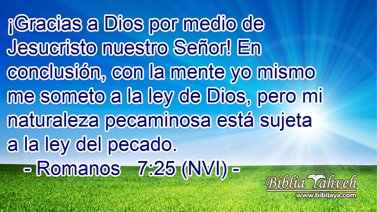  ¡Gracias a Dios por medio de Jesucristo nuestro Señor! En conclusión, con la mente yo mismo me someto a la ley de Dios, pero mi naturaleza pecaminosa está sujeta a la ley del pecado. 