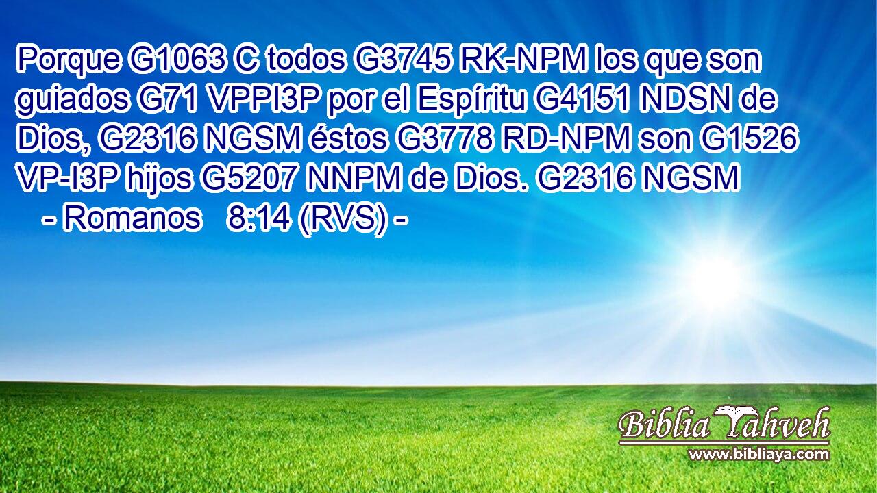 Porque G1063 C todos G3745 RK-NPM los que son guiados G71 VPPI3P por el Espíritu G4151 NDSN de Dios, G2316 NGSM éstos G3778 RD-NPM son G1526 VP-I3P hijos G5207 NNPM de Dios. G2316 NGSM 